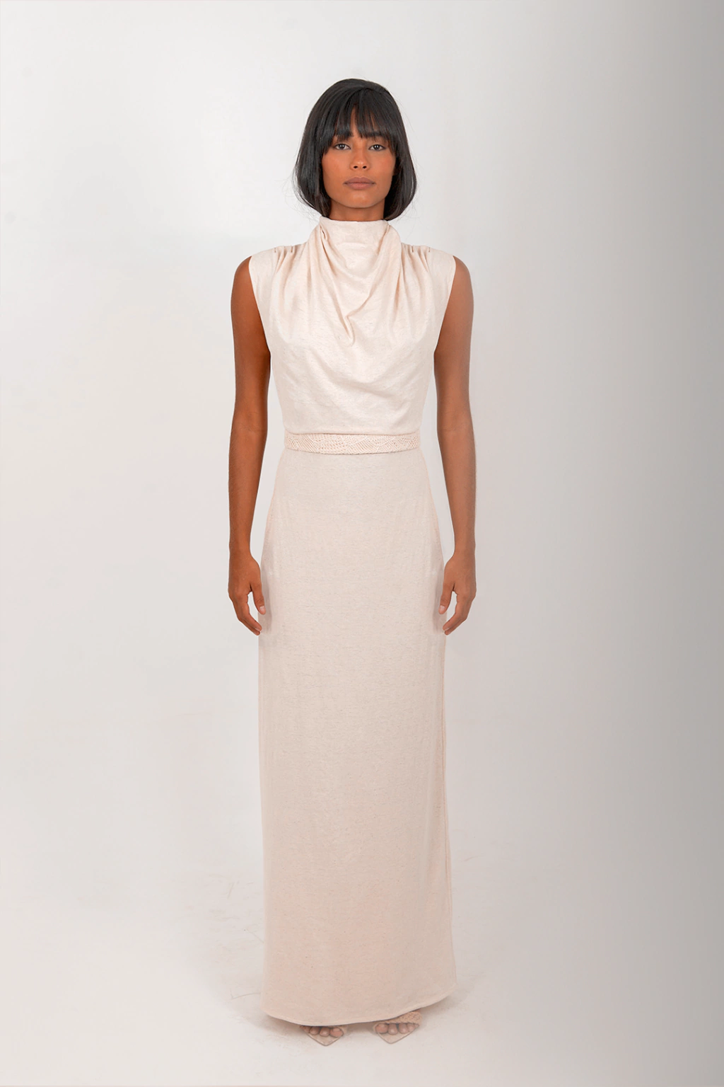 Vestido drapeado algodão com seda