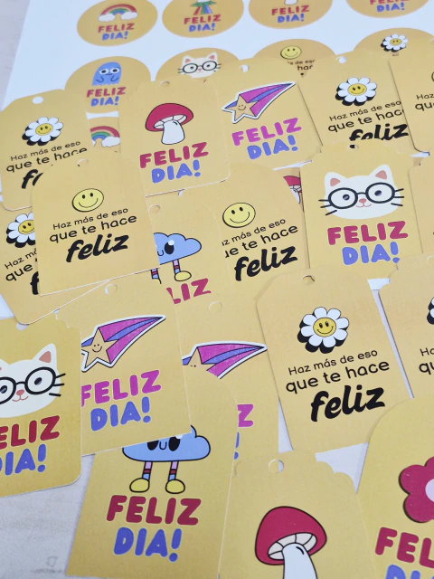 Pack especial 50 TAGS + 50 stickers ** FELIZ DIA Se feliz **