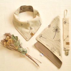 Set Babero Bandana + Babita + Portachupetes Diente de León Beige