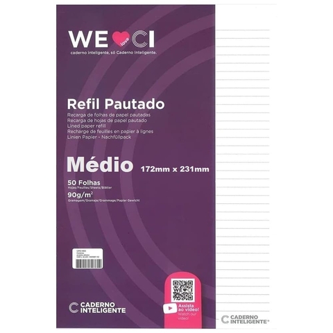 REFIL PAUTADO MÉDIO CADERNO INTELIGENTE - 50 FOLHAS 90g/m²