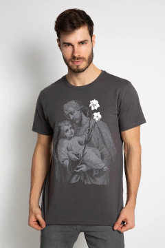 Camiseta Católica Masculina Estampa de São José com Menino Jesus cor Grafite