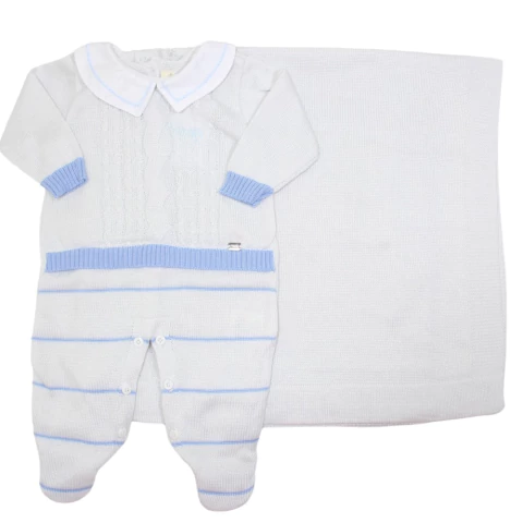 Saída de Maternidade Tricô Bento Cinza Claro e Azul