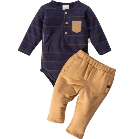 Conjunto Body Marinho e Calça Moletom Mostarda