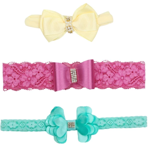 Kit 3 Faixinhas de Cabelo Bebê Menina – Laço Renda e Pérolas, Feito à Mão