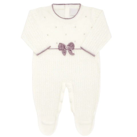 Macacão Tricô Laço e Pérolas Branco e Lilás