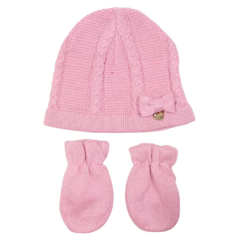 Touca e Luva Tricô Trança Laço Rosa Chic
