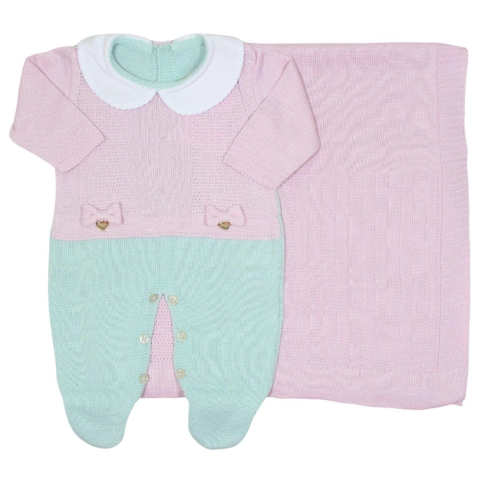 Saída de Maternidade Tricô Maísa Rosa e Verde Água