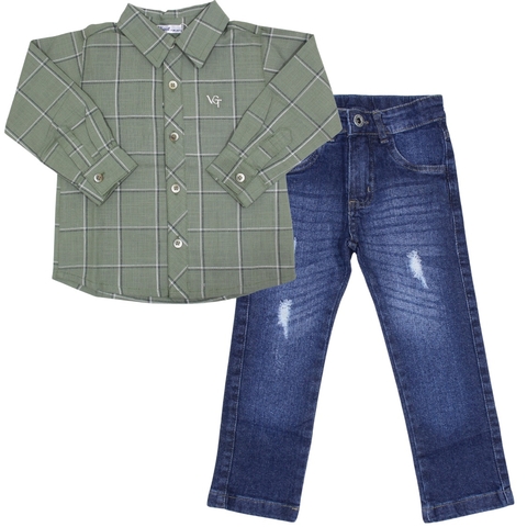 Conjunto Camisa Manga Longa Xadrez Verde e Calça Jeans