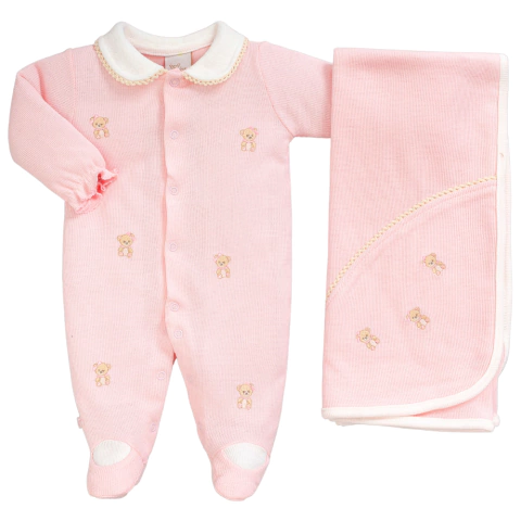 Saída de Maternidade Malha Tricotada Ursinhos Rosa