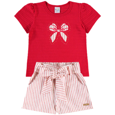 Conjunto Blusa LaçoVermelho e Short Linho Listrado