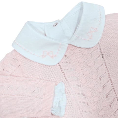 Body Manga Longa Algodão Branco Gola Bordada Lacinho Rosa