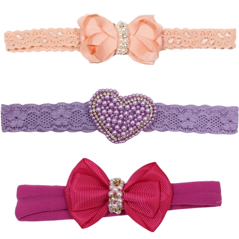 Kit 3 Faixinhas de Cabelo Bebê Menina – Laço Renda e Pérolas, Feito à Mão