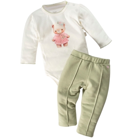 Conjunto Body Suedine Ursinha Off White e Calça Moletom Verde