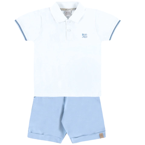 Conjunto Verão Camiseta Polo Branca e Shorts Linho Azul