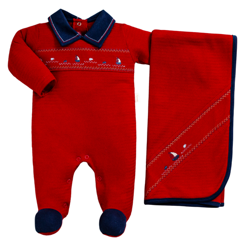 Saída de Maternidade Malha Tricotada Marinheiro Vermelho