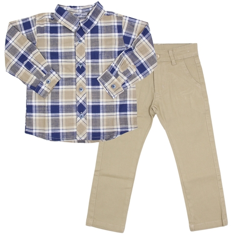 Conjunto Camisa Manga Longa Xadrez Marinho e Calça Sarja Caqui