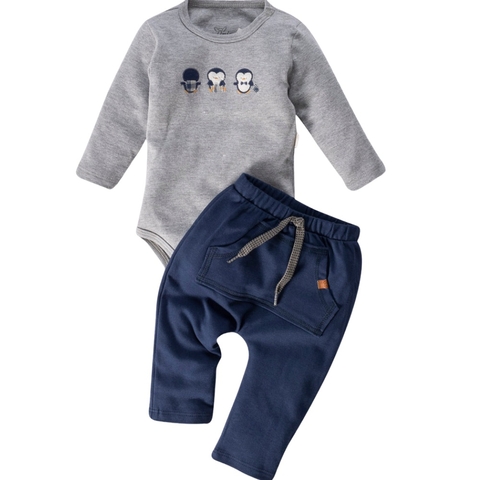 Conjunto Body Bordado Pinguim Cinza e Calça Marinho