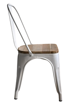 Silla Tolix Blanco Mate con Asiento de Madera Tono Claro - JB Lacroux Restoration 