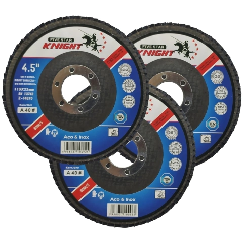 3 DISCOS FLAP KNIGHT 4,5" 115 x 22mm A40 Aço e Inox Pegatec