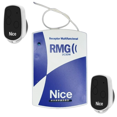 Receptor duplo Nice Genno com dois controles remotos, ideal para sistemas de alarme.