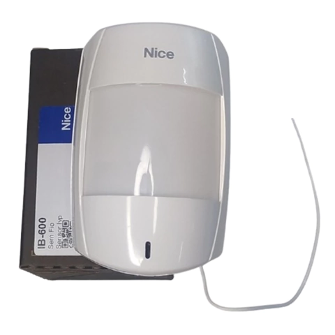 Sensor infravermelho sem fio IB-600 da Nice, mostrando o dispositivo e a embalagem.
