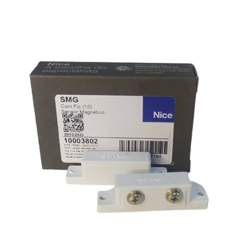 Sensor magnético com fio Genno para porta e janela, apresentado em embalagem da marca Nice.