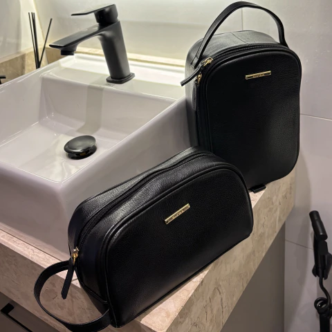 Kit Nécessaires Para Viagem Couro Preto Ouro