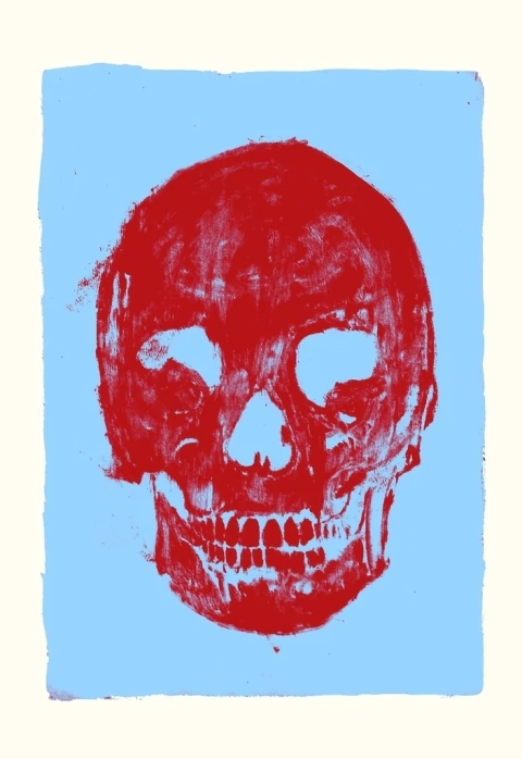 Sergio Bazán. Serigrafía "Calavera fondo celeste", 70 x 50 cm.