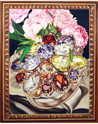 Cynthia Cohen. Flores y piedras con marco rococó, 160 x 130 cm