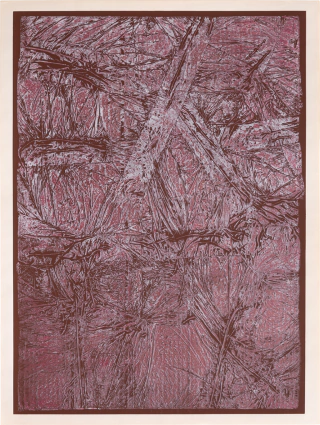 Gaspar Acebo. Casi allover, rosa y dorado sobre marrón, 74 x 54 cm