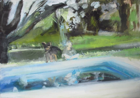 Valeria Poggio. Niño y Perro en el borde de la pileta, 24x30cm.