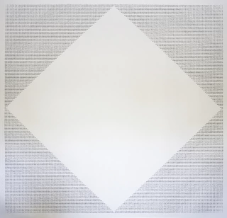 Barbara Kaplan. Valor de gris/cuadrado blanco, 150 x 150 cm