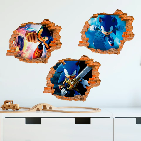 Combo de tres vinilos decorativos con efecto de pared rota 3D. Incluye a Sonic en una pose de combate, corriendo y con una espada.