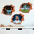 Combo de tres vinilos decorativos con efecto de pared rota 3D. Incluye a Lionel Messi de frente, de espaldas celebrando un gol y driblando con la pelota, con la camiseta de la selección argentina.