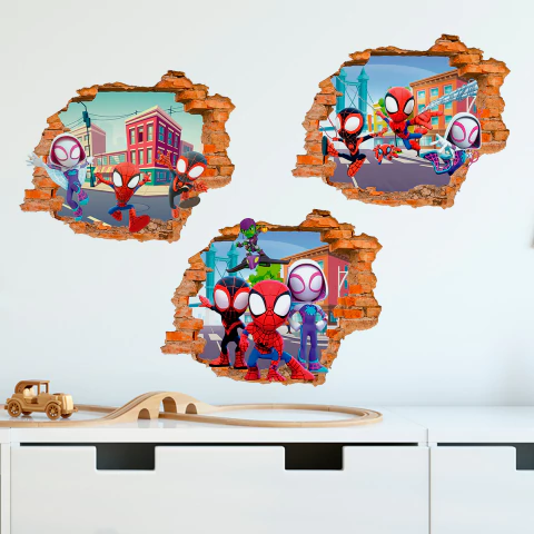 Combo de tres vinilos decorativos con efecto de pared rota 3D. Incluye diferentes poses de los personajes de Spidey y sus asombrosos amigos, con Spidey, Miles Morales, Ghost-Spider y Green Goblin.