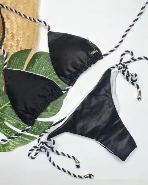 Biquini Rolitê Cortininha com Bojo Calcinha de Amarrar Semi Fio Preto