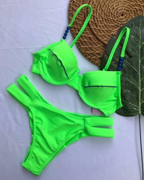 Biquíni Lollipop Biju Meia Taça com Bojo Fio Duplo Verde Neon