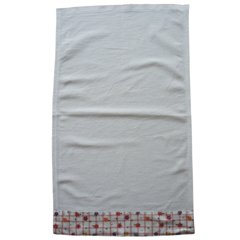 Pano de Prato Branco com Barrado Xadrez e Florais Coloridos (38x66 cm) - 100% Algodão