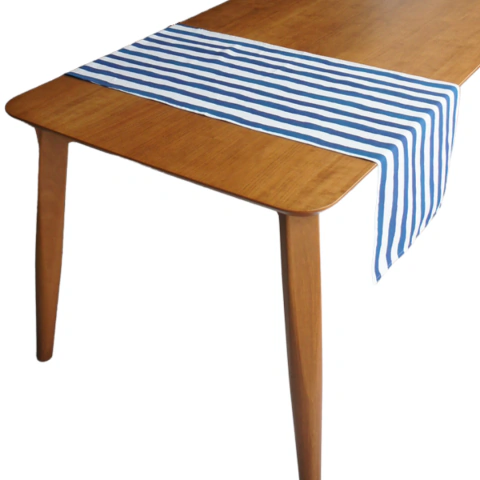 Trilho de Mesa Impermeável Branco com Listras Azuis (1,50m x 0,50m) - sarja 100% algodão