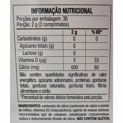 Informação nutricional do suplemento alimentar Cálcio 600mg + D³ 200 Ul Lavitan Cimed, destacando os valores de cálcio e vitamina D.