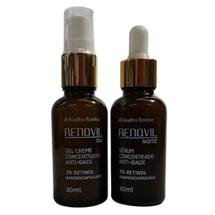 Frascos do Kit Creme e Sérum Anti Idade Concentrado 3% Retinol da linha Renovil Abelha Rainha, contendo um gel creme para o dia e um sérum para a noite.