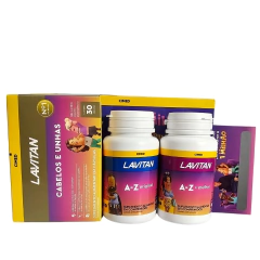 Suplementos alimentares Lavitan A-Z Original e A-Z Mulher, junto com a embalagem do produto para cuidados com cabelos e unhas.