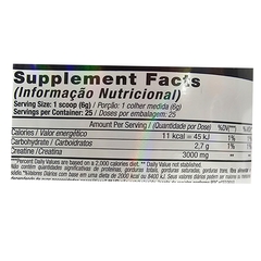 Informações nutricionais do suplemento de creatina em pó sabor limão da Black Skull, mostrando calorias, carboidratos e creatina por porção.