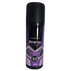 Desodorante Spray Antitranspirante Energy Woman Abelha Rainha 100ml em embalagem roxa com tampa preta.