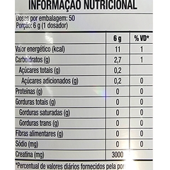 Informação nutricional da Creatina em Pó Turbo Sem Sabor Black Skull, mostrando valores por porção de 6g.