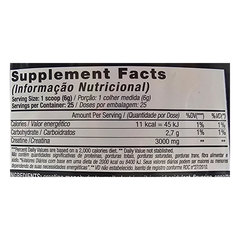 Informações nutricionais do suplemento alimentar Creatina em Pó Turbo Sabor Laranja Black Skull, mostrando calorias, carboidratos e creatina por porção.
