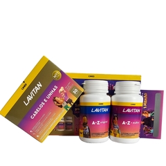 Suplemento alimentar Lavitan A-Z Original e A-Z Mulher com embalagem de Cabelos e Unhas.