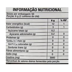 Informação nutricional da Creatina em Pó Turbo Sabor Limão Black Skull 300g Refil, mostrando valores por porção de 6g.