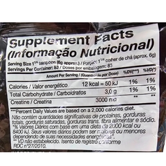 Informações nutricionais da Creatina em Pó Turbo Sem Sabor Black Skull 500g, incluindo calorias e composição por porção.