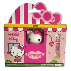 Embalagem do Hidratante Labial Com Cor Torta de Maçã Carmed, contendo um batom labial de 10g e uma figura da Hello Kitty.